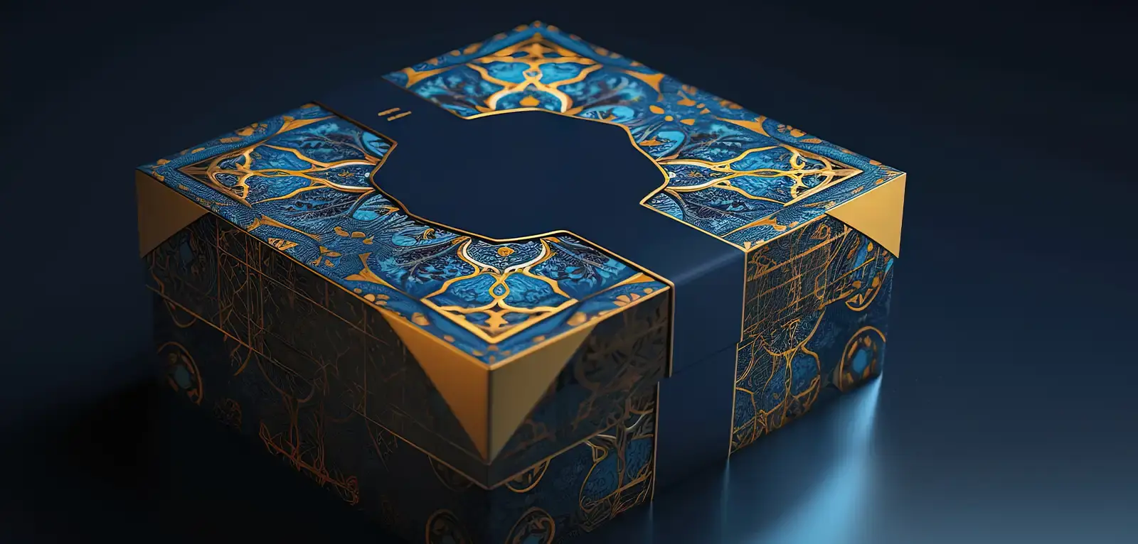 A box with intricate blue and gold designs, gold corners, and a blue wraparound ribbon