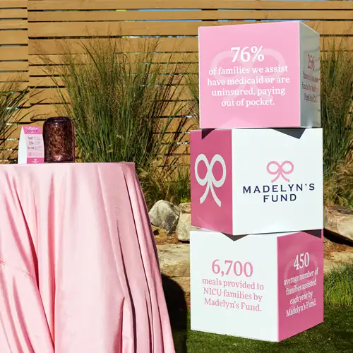 Large stacked blocks displaying facts about families impacted by Madelyn's Fund
