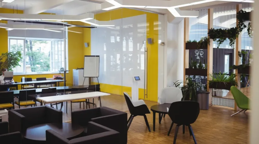 Modern yellow office with a dynamic layout