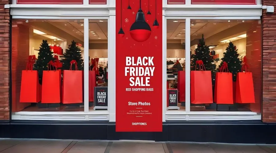 Storefront window display featuring a Black Friday Sale sign with red shopping bags, decorated with Christmas trees and red ornaments.